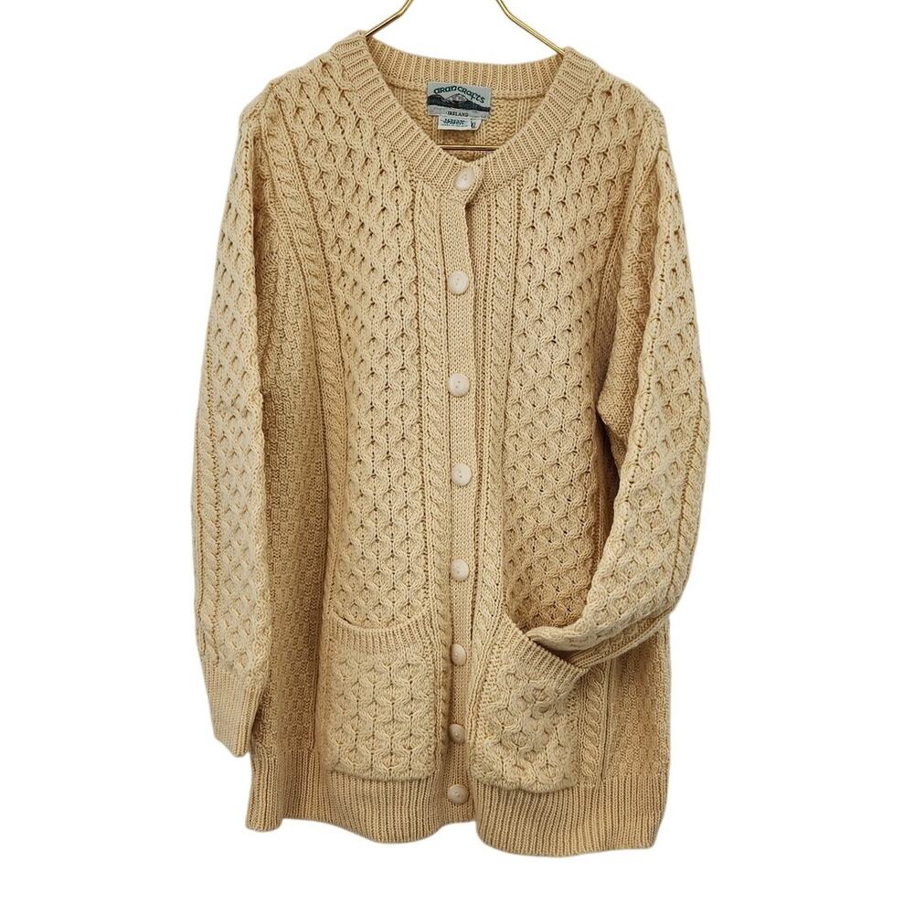 Aran Crafts‎ Yellow Made In Ireland Button Front Cardigan Sweater XL 100% Wool